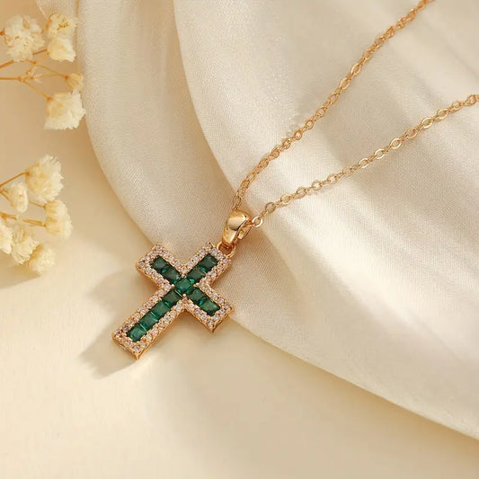 Emerald Glow Cross Necklace