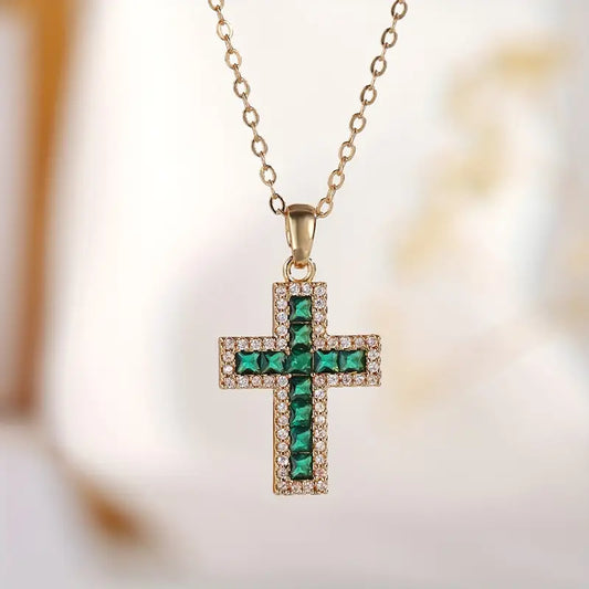Emerald Glow Cross Necklace