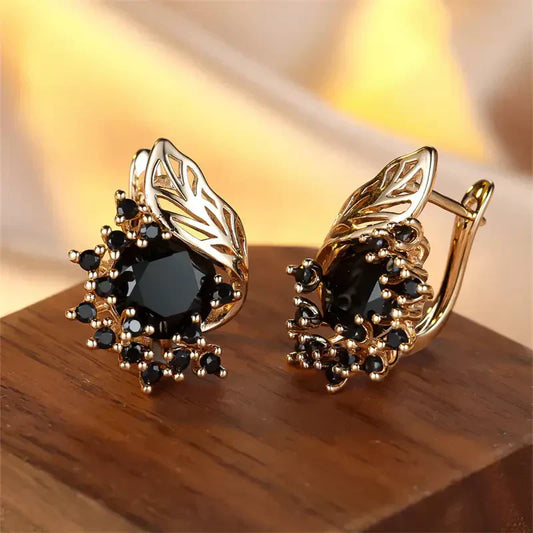 Black Crystal Gold Earrings